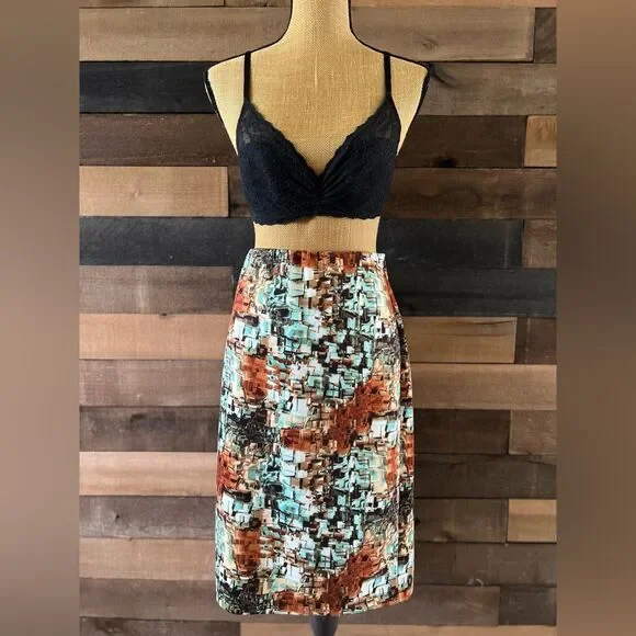 Betsey Johnson Set Shirt & Skirt Medium Brown Green Geometric Bell Sleeve Top - Picture 2 of 13